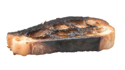Slice of overly toasted bread on black backdrop detailed close up view