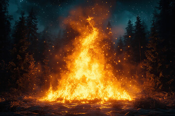 Silent Forest Illuminated by a Cracking Bonfire