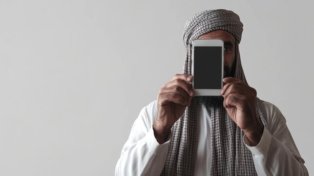 A man in traditional Middle Eastern attire holds a smartphone vertically in front of his face, obscuring his features against a plain grey backdrop. The image