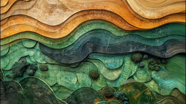 Artistic wood carving with layered colorful patterns in abstract style