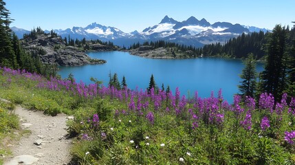 Serene Mountain Lake with Wildflowers Trail
