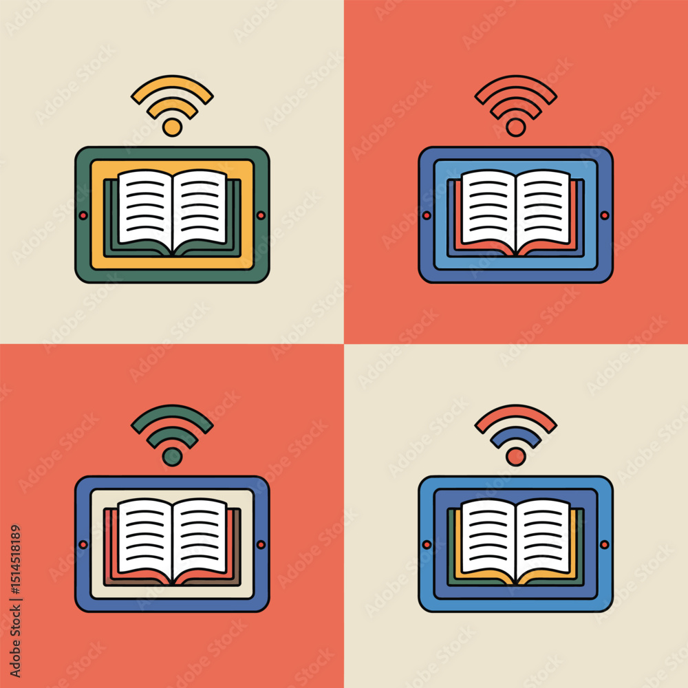 Poster digital learning concept featuring tablets with open books and wifi symbols on a colorful square pat