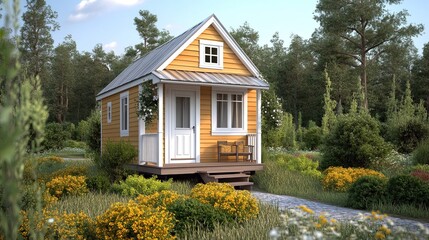 A small yellow house with a white door and porch surrounded by lush greenery and a stone pathway leading up