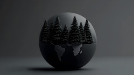 Dark Monochrome World Globe with Evergreen Trees
