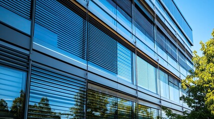 Exterior view of a modern building with glass windows and venetian blinds under a bright blue sky
