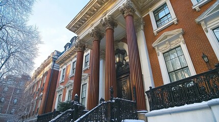 A low angle shot of a brick building with large columns and snow on the railing and trees nearby