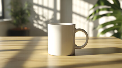 A Blank White Mug Sits on a Light Wooden Table in Sunlight Perfect for Mockups and Designs