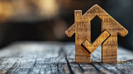A wooden house with a check mark on a weathered wooden surface against a blurred dark background