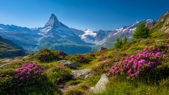 Scenic mountain landscape with vibrant pink wildflowers, snow-capped peaks, and clear blue sky - Powered by Adobe