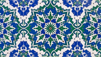 Fototapeta premium A close-up shows a beautiful, intricate blue and green patterned tile with symmetrical floral and geometric motifs.