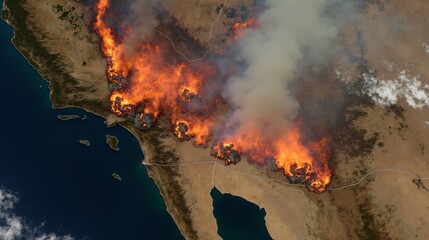 Aerial View of a Massive Wildfire Devastating a Desert Landscape