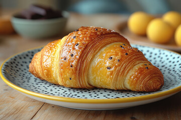 A Croissant on a Plate with a Paint Brush Stroke and Chocolate Circle