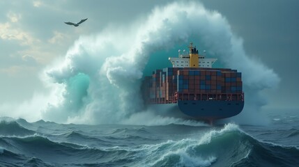 Cargo ship with container in stormy sea. Freight transportation and logistics.