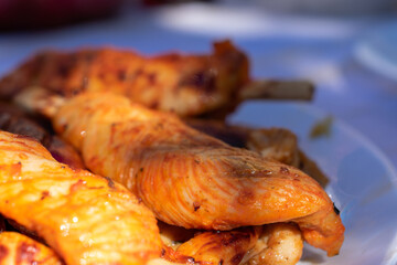 Close-up of grilled meat skewers and sausages on a white plate, served outdoors on a sunlit table, perfect for a summer barbecue.