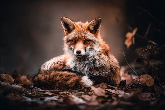 Resting red fox in autumn