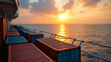 Container Cargo freight ship with working crane bridge at sunset for Logistic Import Export background