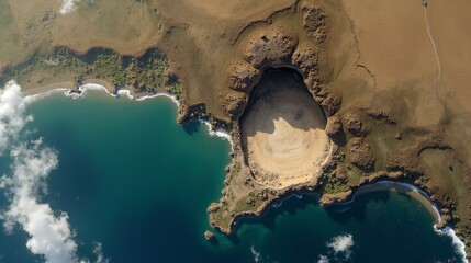 Aerial View of a Crater Lake in a Desert Landscape