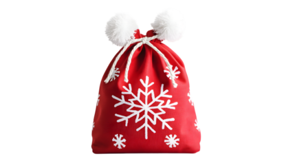 Red christmas gift sack with white snowflake decorations and pom poms on black