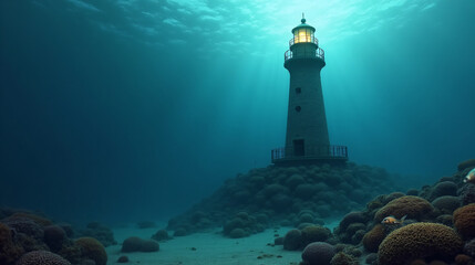 Underwater Lighthouse Illuminating the Depths of the Fantasy World