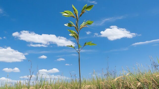 Single Plant Growing in Rice Paddy Field Under Blue Sky