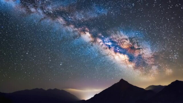 Night sky filled with stars over mountain landscape in a timelapse view  