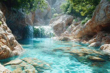 A Crystal-Clear Mountain River Flowing Gently Through A Rocky Canyon