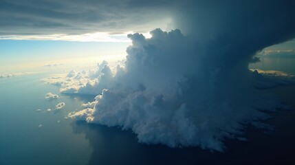 Lightning strikes amidst dramatic storm clouds over a sea of fluffy clouds above in the sky