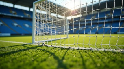 A stunning view of a empty football stadium with bright floodlights