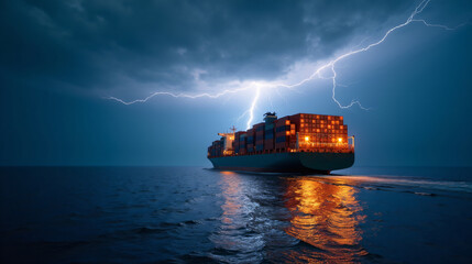Lightning Strike Over a Cargo Ship at Sea