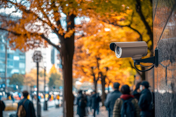 Public security camera monitoring busy city street with autumn trees and pedestrians