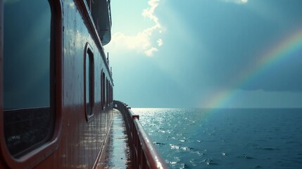 Rainbow over the sea, view from the deck of a cruise ship