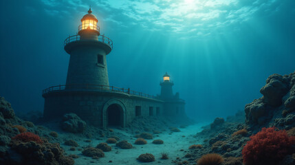 Underwater Lighthouse Illuminating the Depths of the Fantasy World