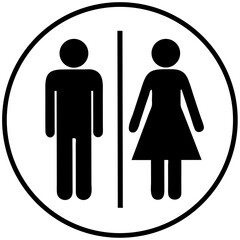 Black and white restroom icon with male and female figures separated by a vertical line, universal signage for public spaces, inclusive restroom design, and gender-specific facilities

