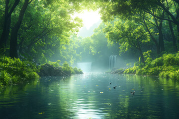 Tranquil Waters and Majestic Trees at Dawn in a Green Forest