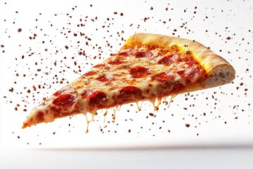 A slice of pizza flies isolated on a white background. High definition