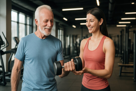 Older man and woman exercising in gym.