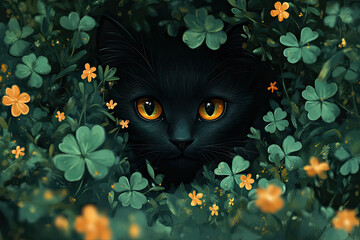 Peeking Black Cat Surrounded by Lucky Green and Orange Clovers