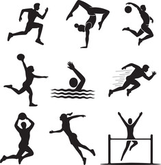 black silhouettes of athletes engaged in a variety of sports.