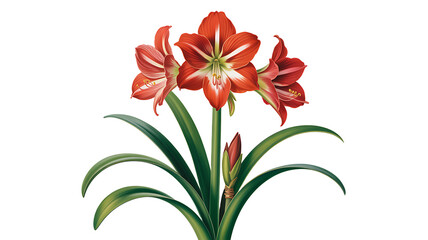 Detailed botanical illustration of vibrant red amaryllis flowers blooming with green leaves and bud.