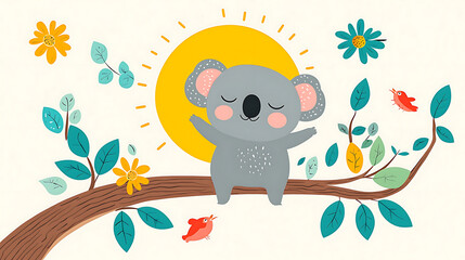 Cute koala with closed eyes standing on tree branch with colorful flowers and birds under bright sun