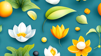 Yellow flower white flower green leaf seamless pattern with copy space for text on blue background