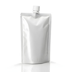 Realistic mockup of blank fruit juice pouch with twist cap and fresh sliced orange, minimal drink packaging for healthy citrus beverage branding