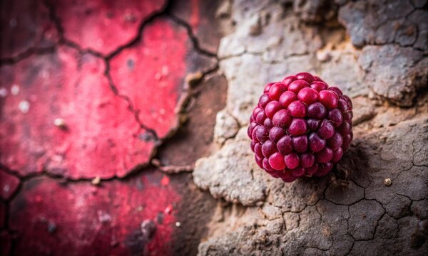 Black raspberry red rough surface. Toned old concrete wall. Viva magenta color. Close-up. Grunge background for design. Сracked, broken, crumbled. Backdrop. Wide banner.