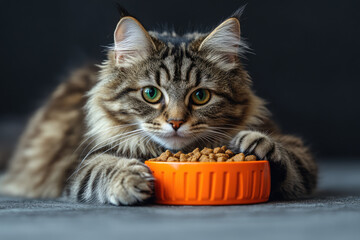 A Playful Feline Holds Its Paw Close to the Food Bowl