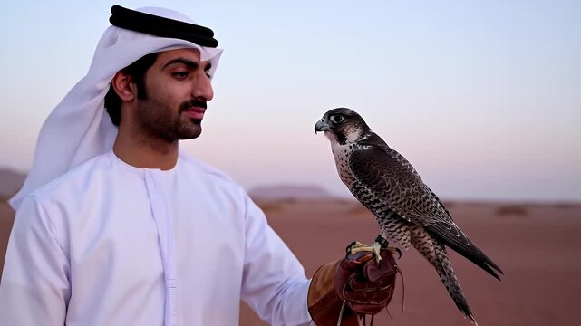 Arab Man in White Traditional Clothing Holding a Falcon on Gloved Hand in Desert Landscape at Sunset with Clear Sky Showing Traditional Practices