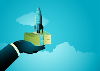 Startup investment launch concept, rocket and money stack vector illustration.