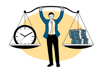 Cartoon businessman stands confidently, balancing a scale with money on one side and a clock on the other. Represents the trade off between time and wealth and work life balance