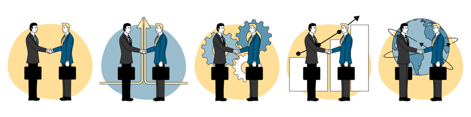 Business partnership and teamwork concept outline illustration set, flat vector design
