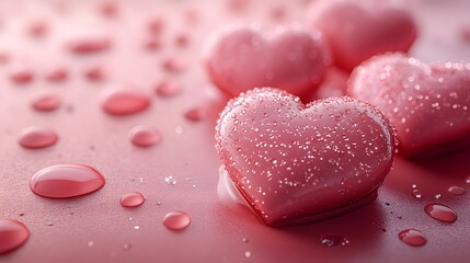 Obraz premium Pink Glittery Hearts with Water Drops Romantic Valentine's Day Background