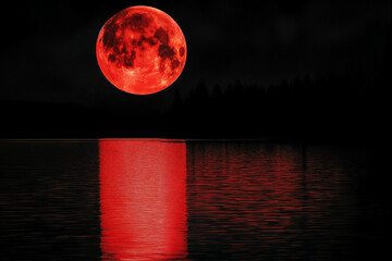 an image of a large, nighttime red moon reflecting off a lake
